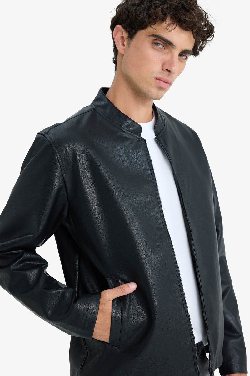 DeFacto Black Man Waterproof Slim Fit Stand Collar Zippered Faux Leather Jacket Casual - Image 4